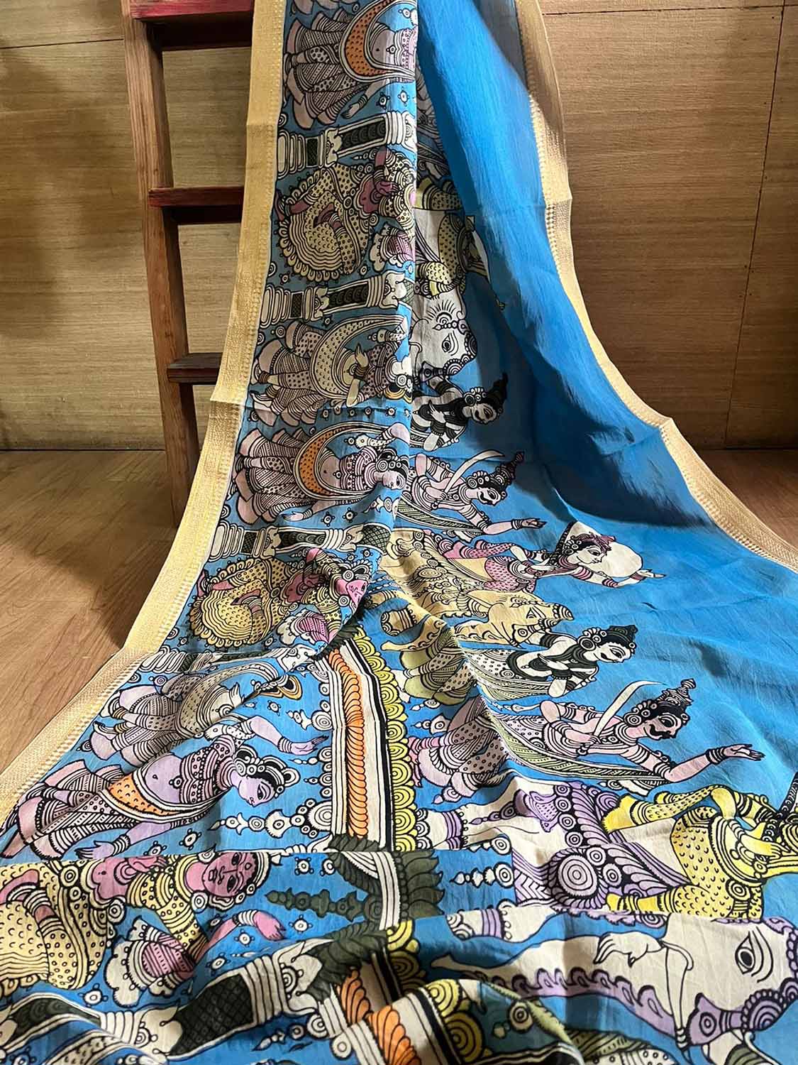 Blue Kalamkari Hand Painted Pure Bangalore Silk Dupatta - Luxurion World