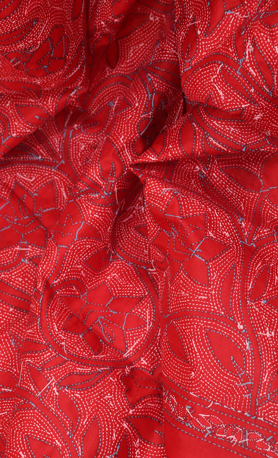 Red Hand Embroidered Kantha Banglore Silk Dupatta - Luxurion World