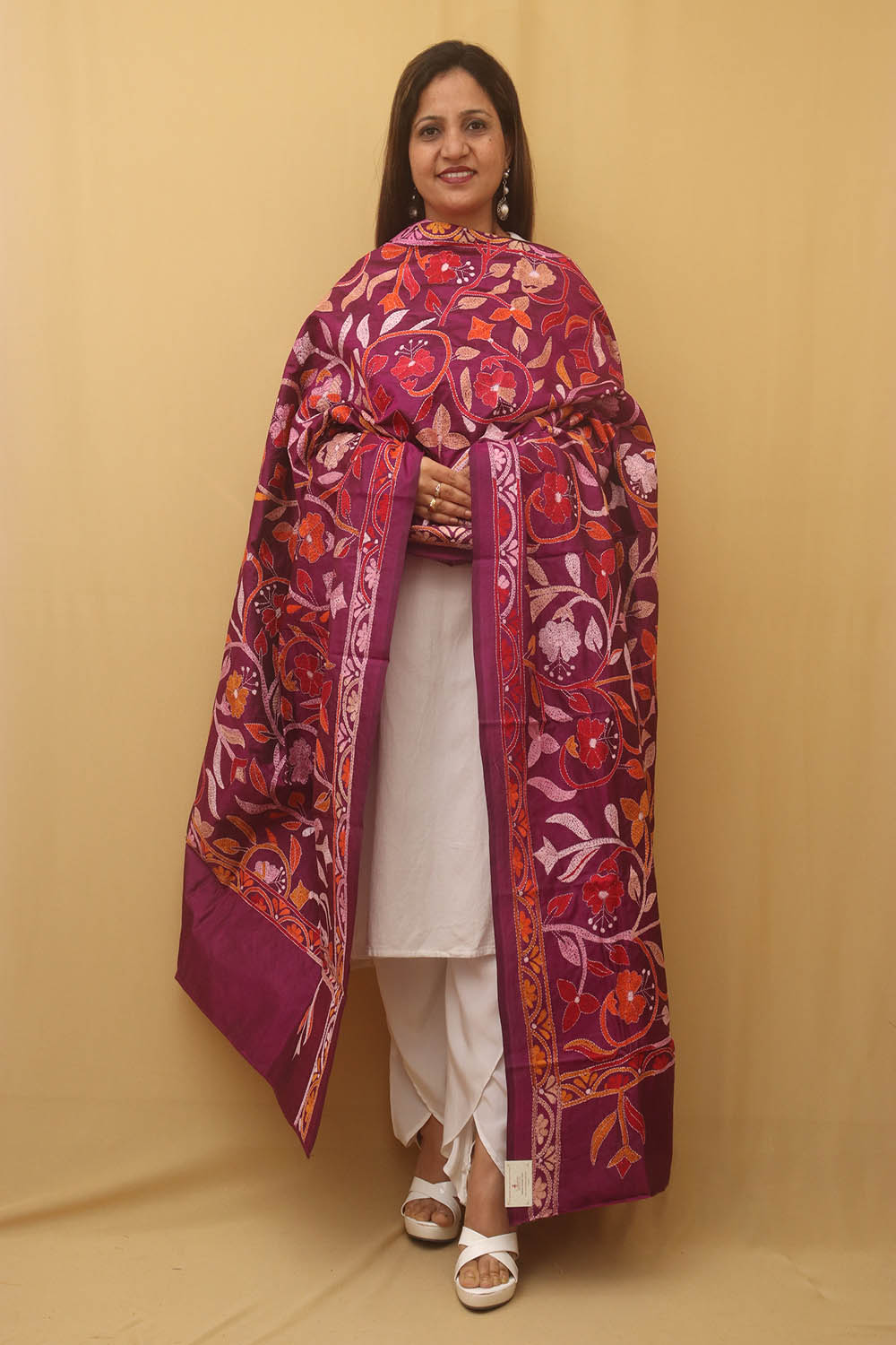 Purple Hand Embroidered Kantha Banglore Silk Dupatta - Luxurion World