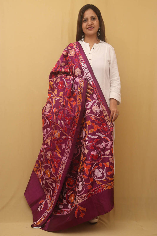 Purple Hand Embroidered Kantha Banglore Silk Dupatta - Luxurion World