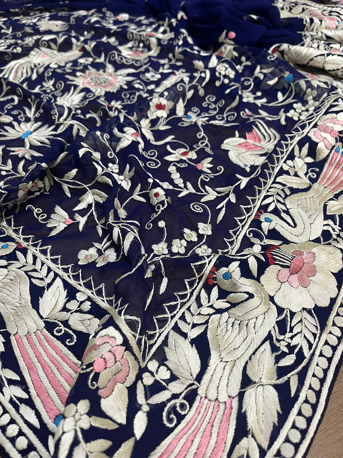 Blue Hand Embroidered Parsi Work Pure Georgette Dupatta - Luxurion World