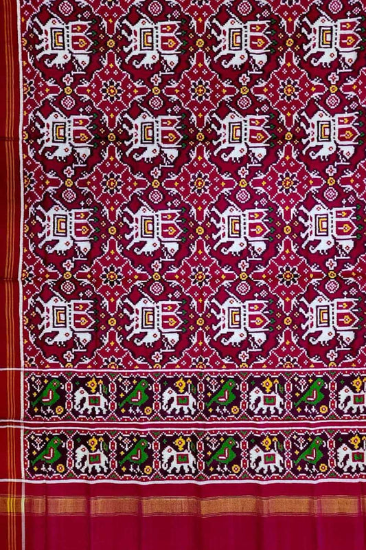 Reddish Pink Patan Patola Handloom Pure Silk Double Ikat Dupatta - Luxurion World