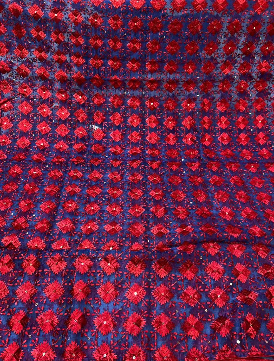 Blue Phulkari Embroidered Organza Silk Sequins Scallop Dupatta - Luxurion World