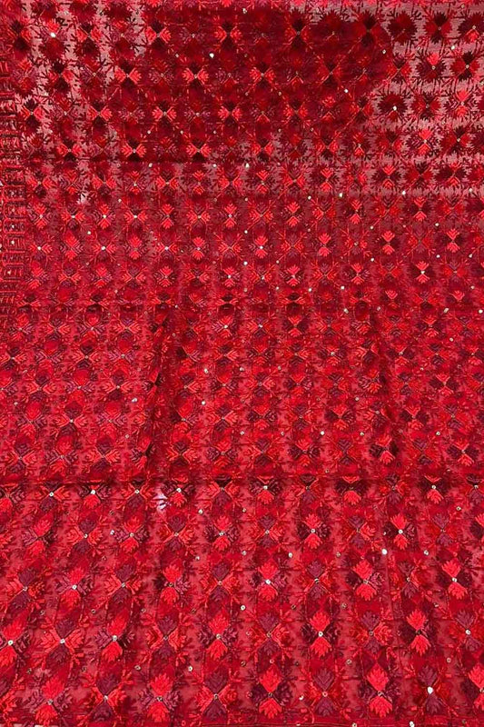 Red Phulkari Embroidered Organza Silk Sequins Scallop Dupatta - Luxurion World