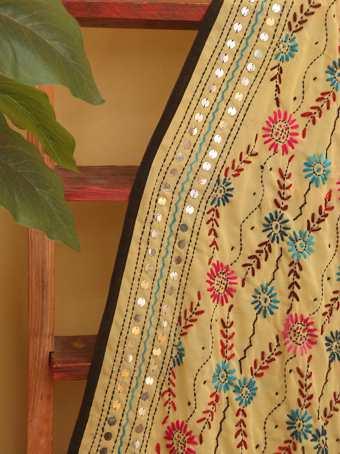 Yellow Phulkari Hand Embroidered Georgette Dupatta - Luxurion World