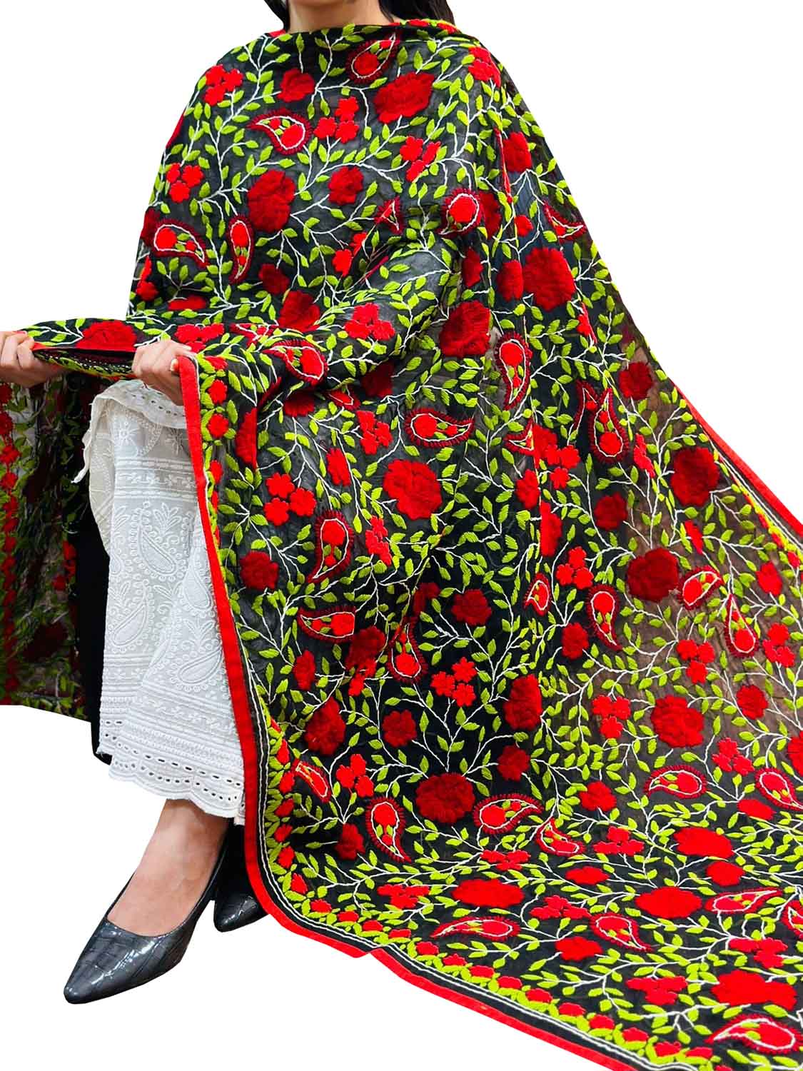 Exquisite Black Phulkari Georgette Dupatta with Hand Embroidery - Luxurion World