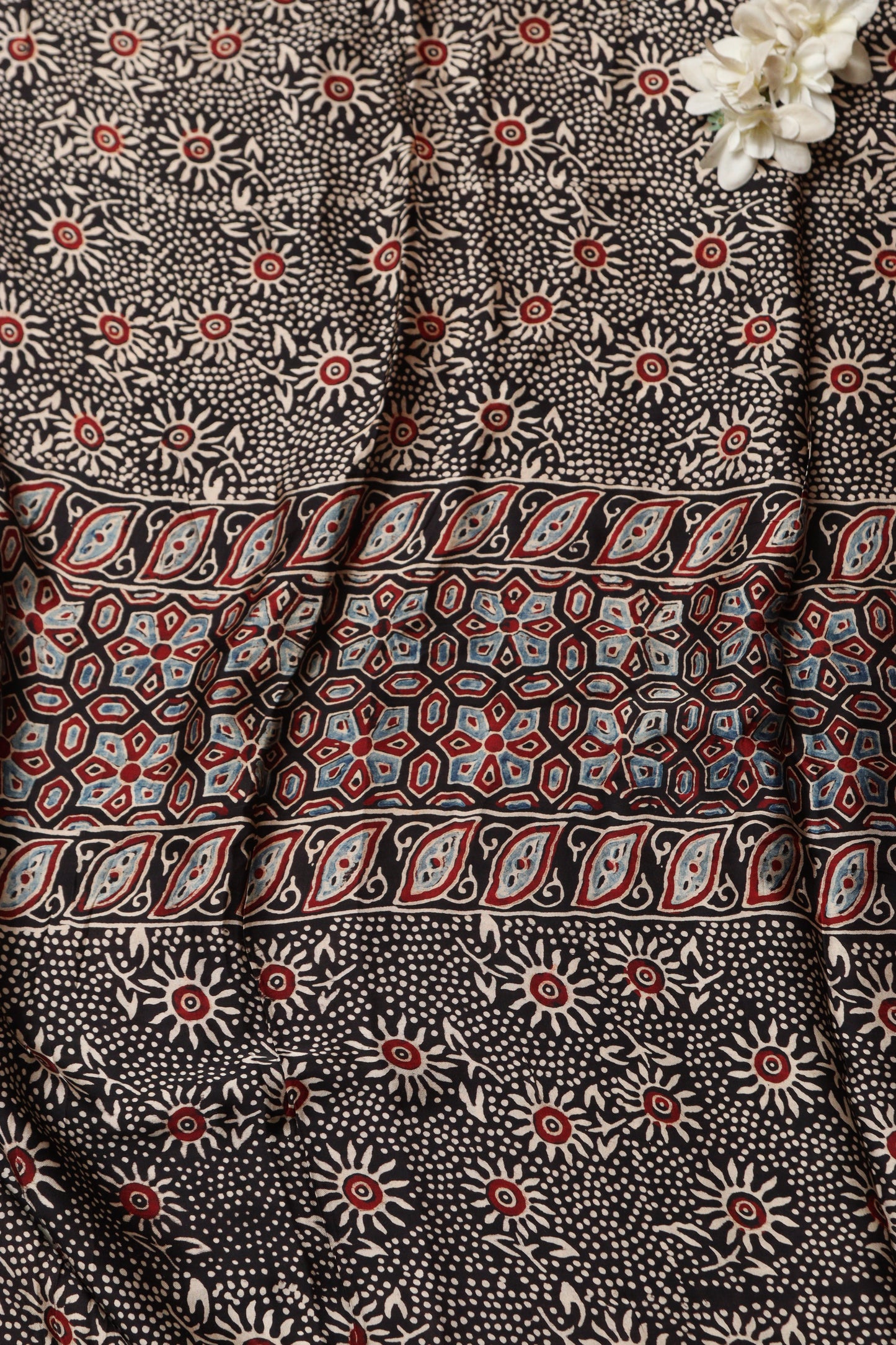 Black Block Printed Ajrakh Modal Satin Silk Fabric ( 2.5 Mtr )