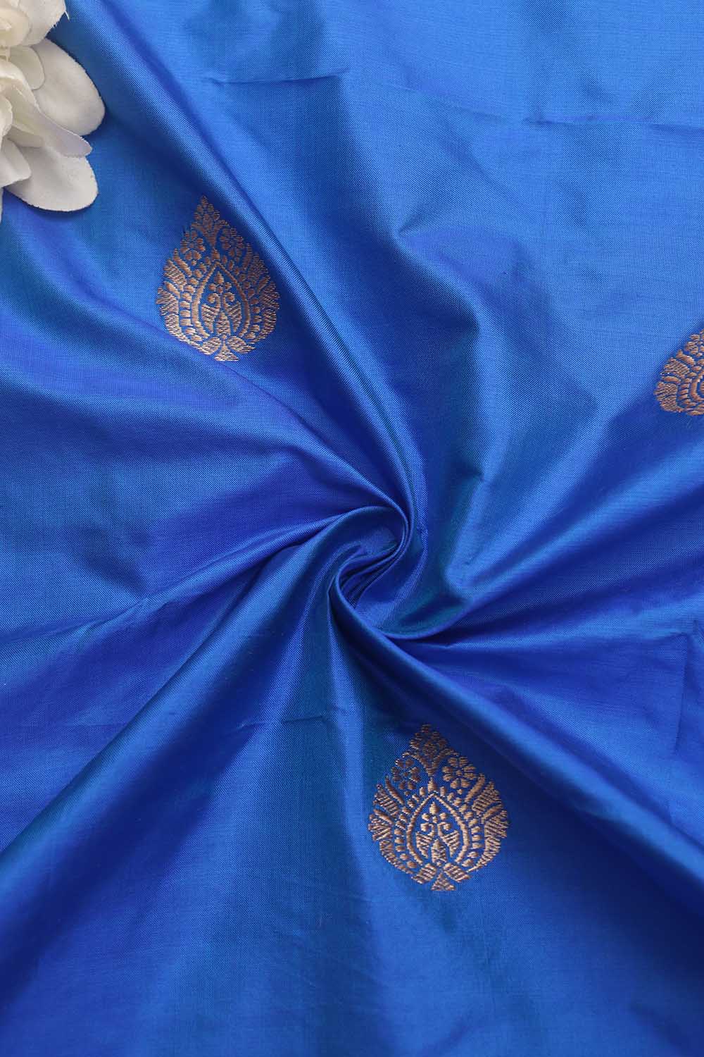 Blue Banarasi Pure Katan Silk Fabric ( 1 Mtr ) - Luxurion World