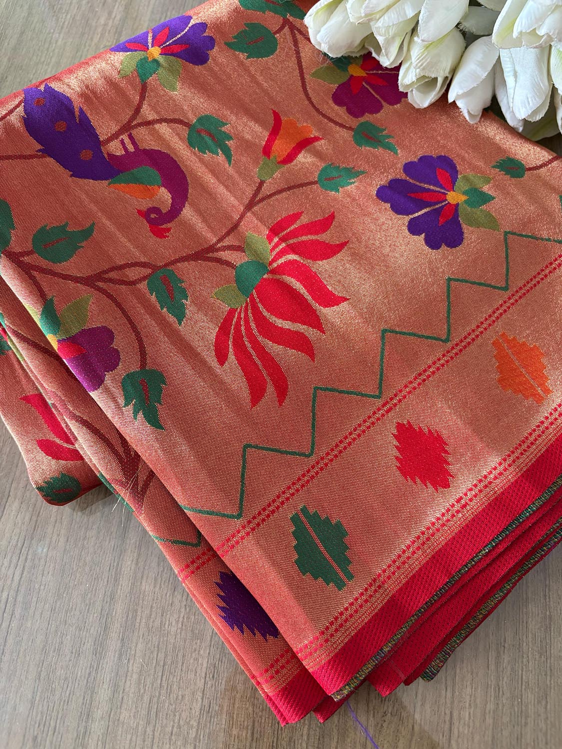 Golden Paithani Brocade Silk Peacock Design Fabric ( 2.5 Mtr ) - Luxurion World