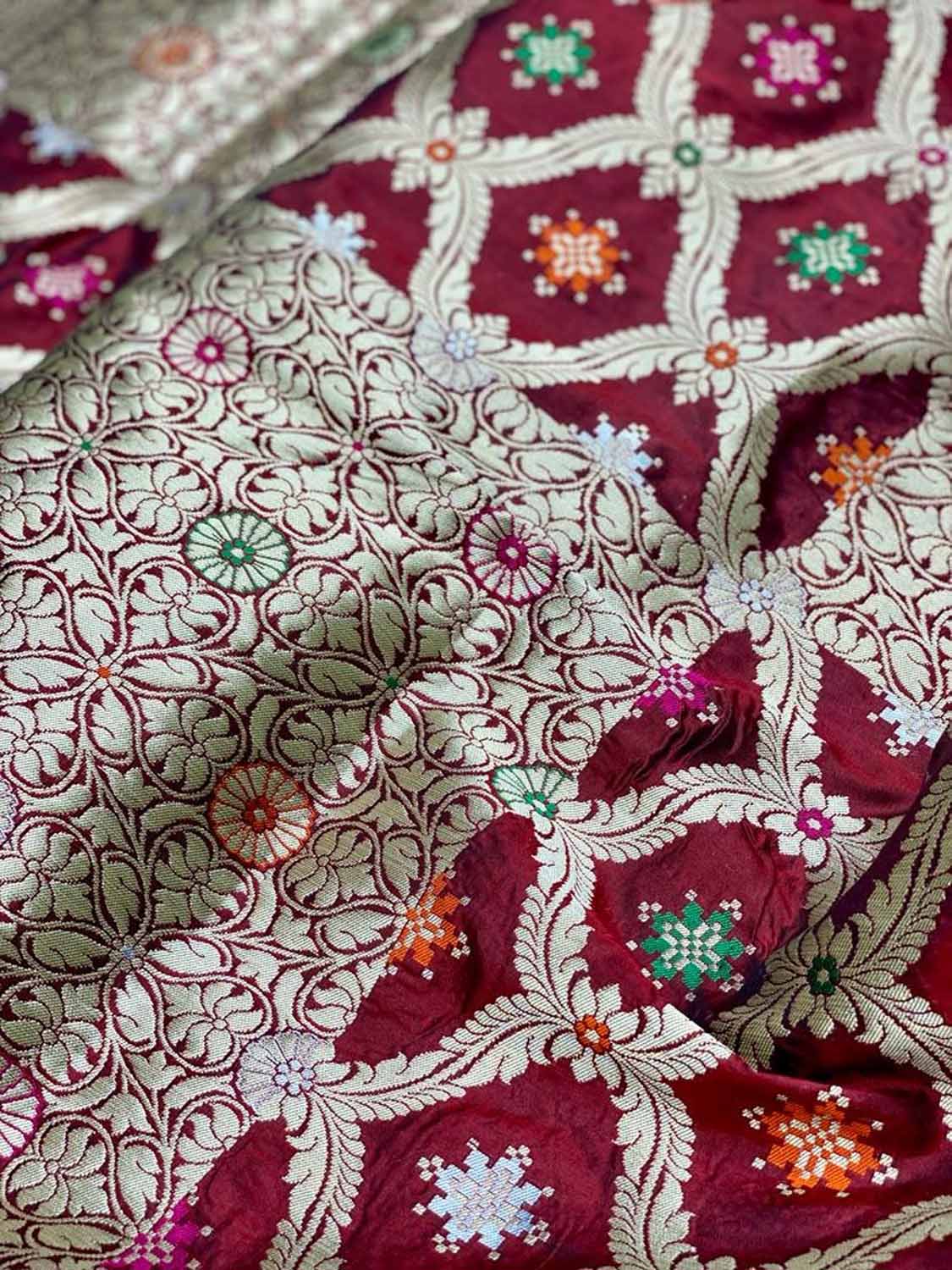 Maroon Banarasi Handloom Pure Katan Silk Meenakari Saree - Luxurion World