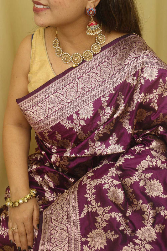 Purple Banarasi Handloom Pure Katan Silk Flower Design Jaal Work Saree - Luxurion World