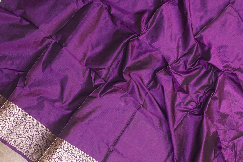 Purple Banarasi Handloom Pure Katan Silk Flower Design Jaal Work Saree - Luxurion World