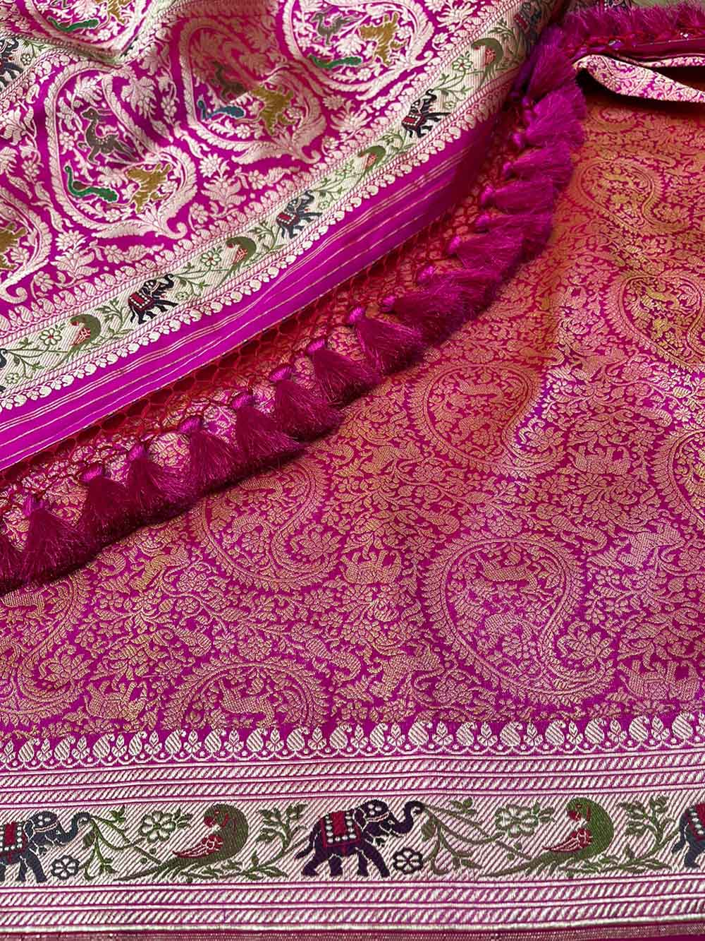 Pink Banarasi Handloom Pure Katan Silk Shikargah Design Saree - Luxurion World
