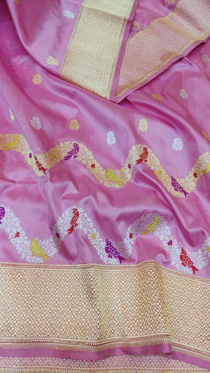 Pink Banarasi Handloom Pure Katan Silk Meenakari Saree - Luxurion World
