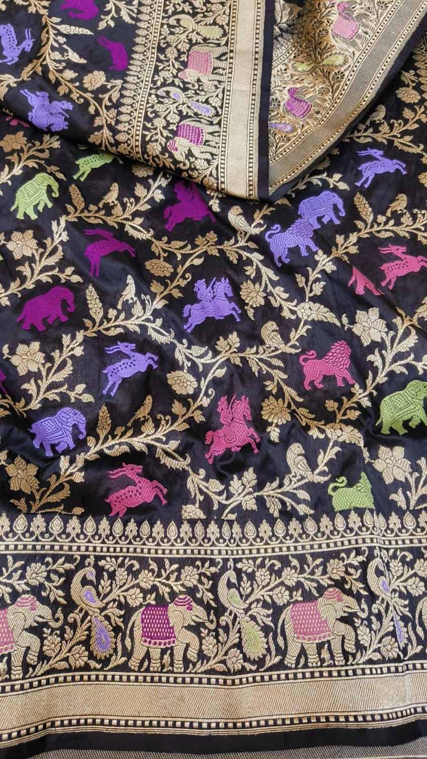 Black Banarasi Handloom Pure Katan Silk Shikargah Design Saree - Luxurion World