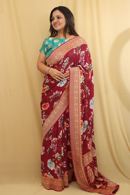 Elegant Maroon Handloom Banarasi Georgette Saree - Luxurion World