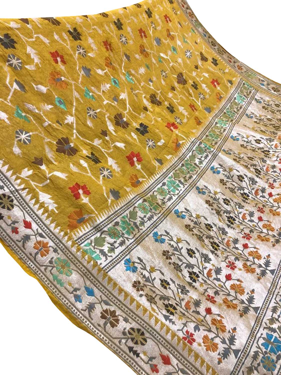 Yellow Banarasi Handloom Pure Tussar Georgette Saree - Luxurion World