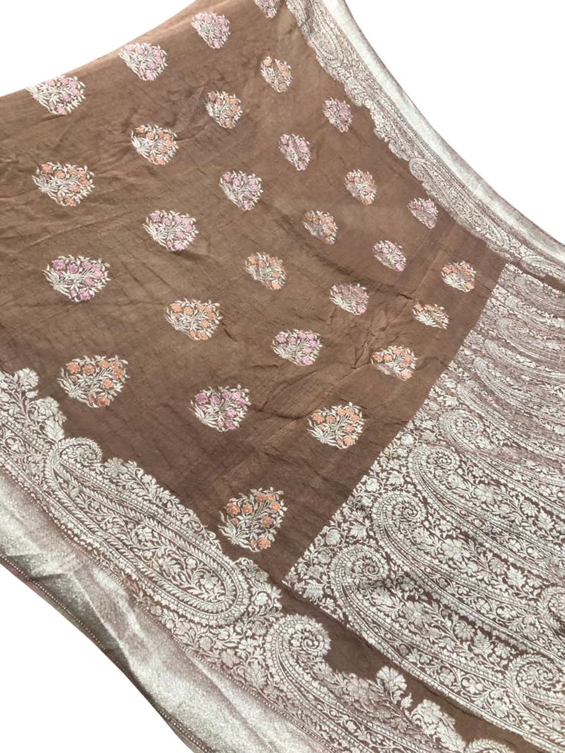 Brown Banarasi Handloom Pure Tussar Georgette Saree - Luxurion World