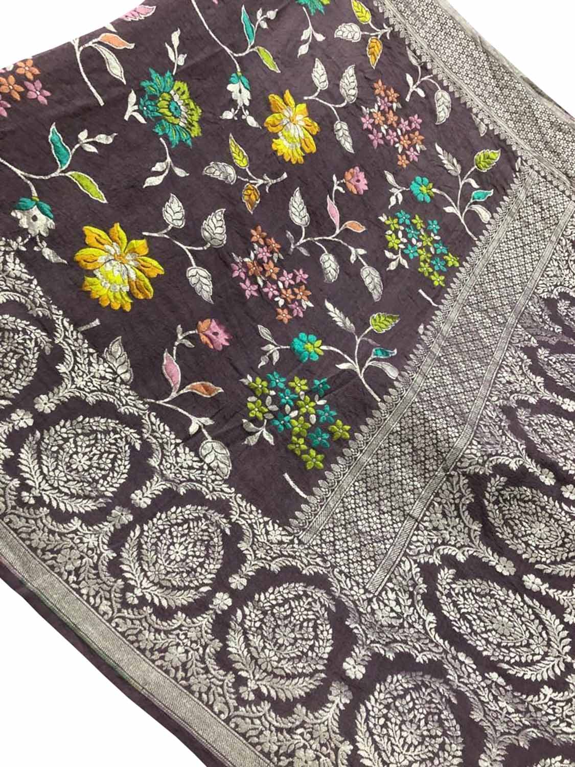 Purple Banarasi Handloom Pure Tussar Georgette Saree - Luxurion World