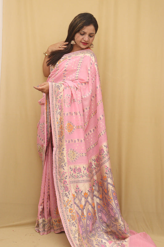 Pink Handloom Banarasi Pure Moonga Silk Meenakari Saree