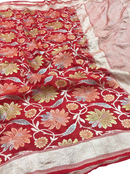 Red Handloom Banarasi Georgette Brush Dye Saree - Luxurion World