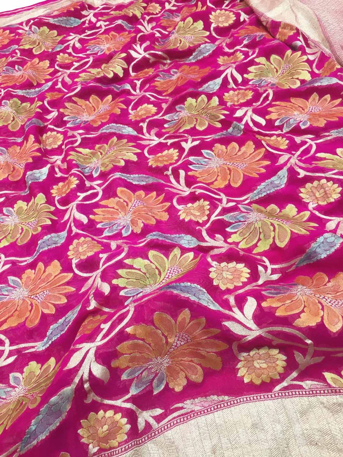 Pink Handloom Banarasi Georgette Brush Dye Saree - Luxurion World