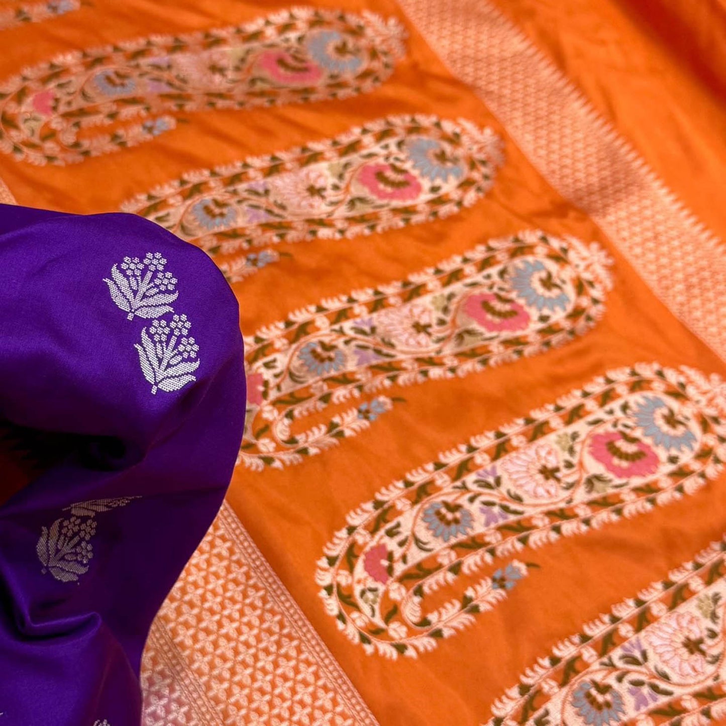 Purple Pure Katan Silk Banarasi Handloom Orange Meenakari Skirt Border Saree - Luxurion World