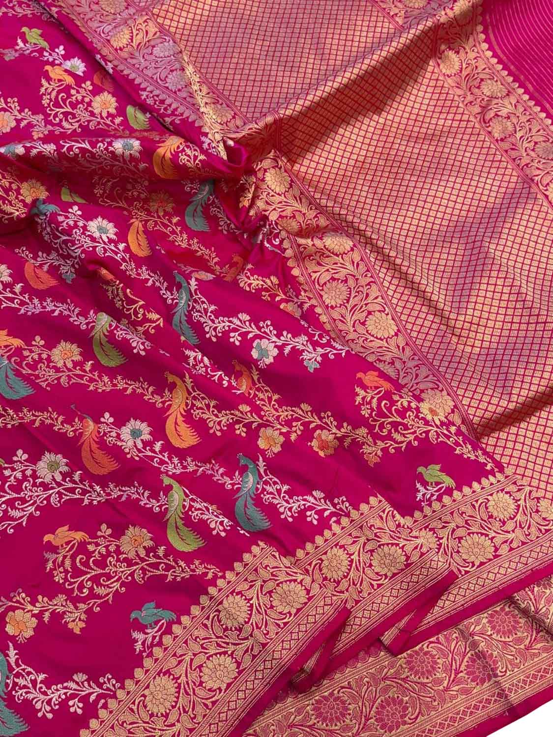 Pink Handloom Banarasi Pure Katan Silk Peacock Design Meenakari Saree - Luxurion World