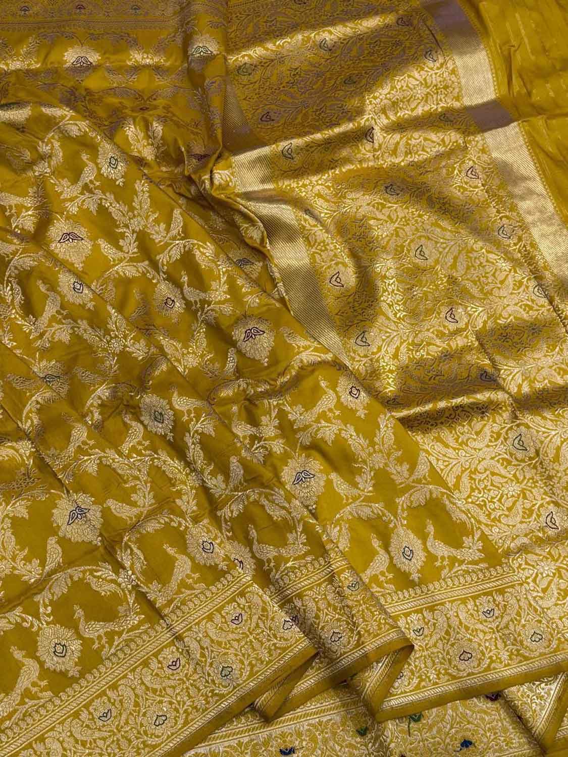 Mustard Yellow Handloom Banarasi Pure Katan Silk Flower Design Meenakari Saree - Luxurion World