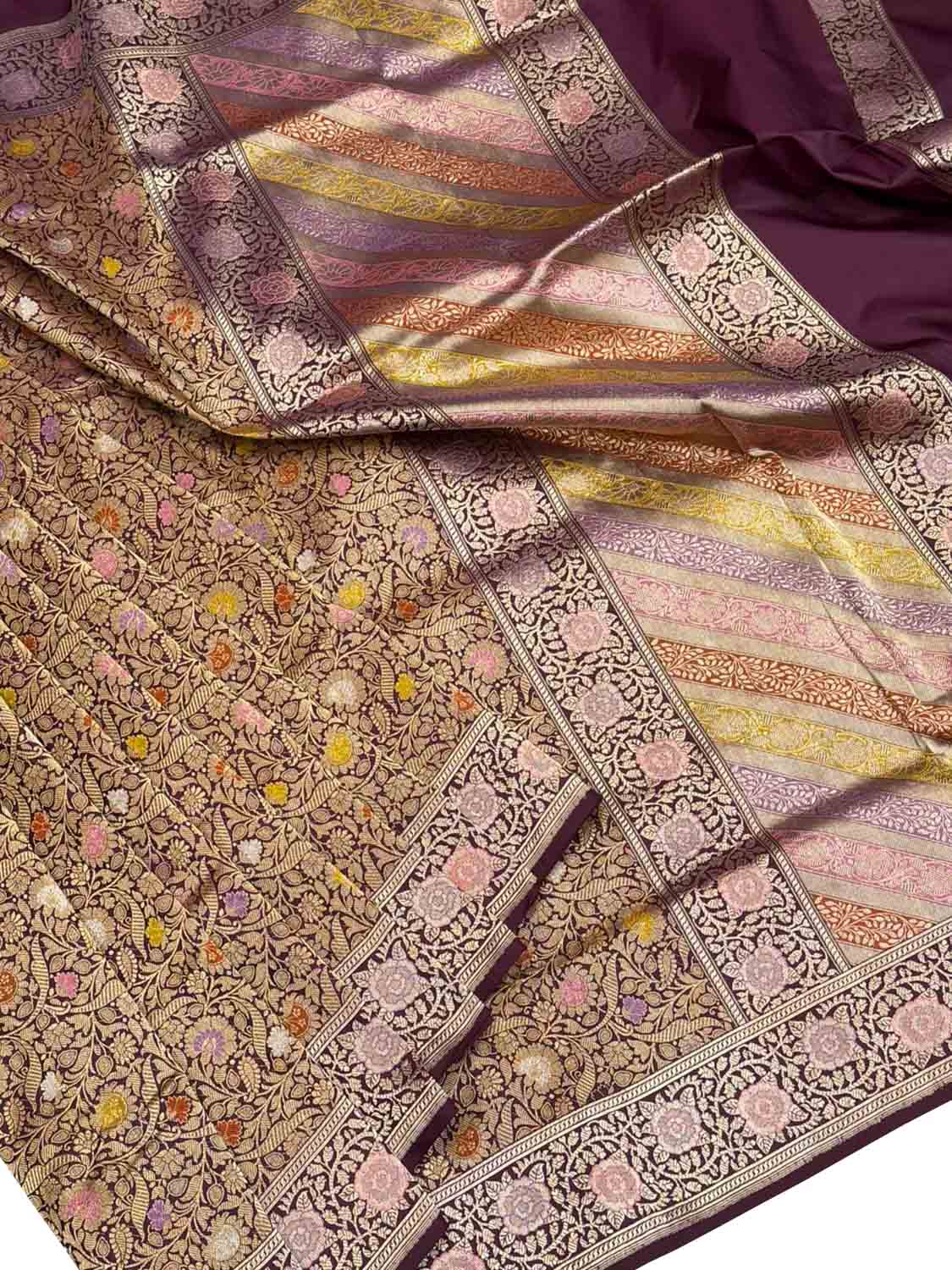 Maroon Handloom Banarasi Pure Katan Silk Meenakari Flower Design Saree - Luxurion World