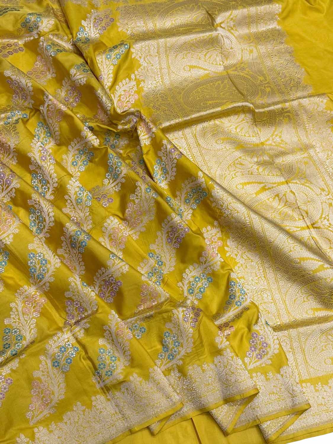 Yellow Handloom Banarasi Pure Katan Silk Meenakari Flower Design Saree - Luxurion World