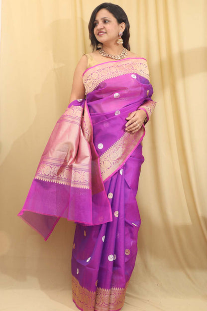 Purple Handloom Banarasi Pure Kora Silk Chand Boota Design Saree - Luxurion World