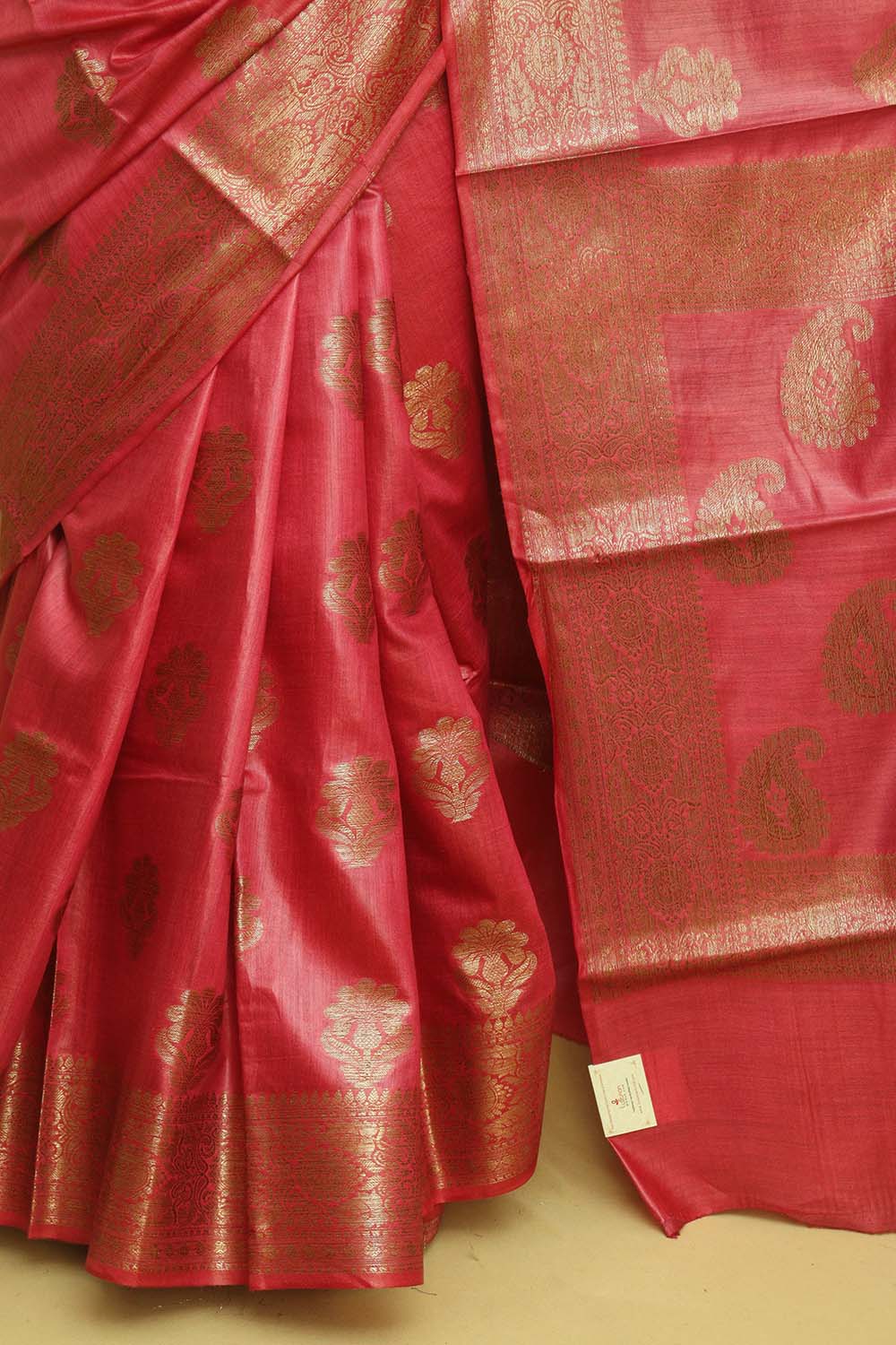 Pinkish Red Bhagalpur Tussar Moonga Silk Saree - Luxurion World
