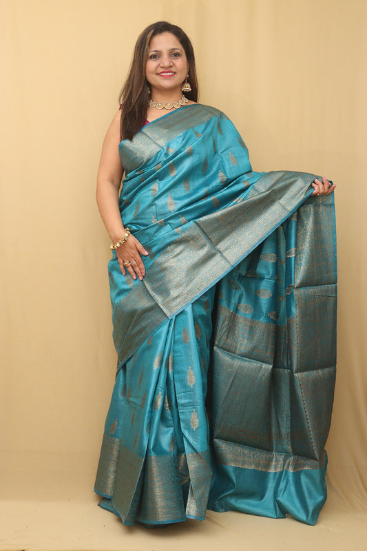 Blue Bhagalpur Tussar Moonga Silk Saree - Luxurion World