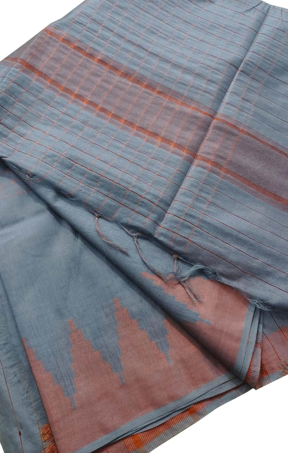 Grey Bhagalpur Handloom Kota Cotton Temple Border Saree - Luxurion World