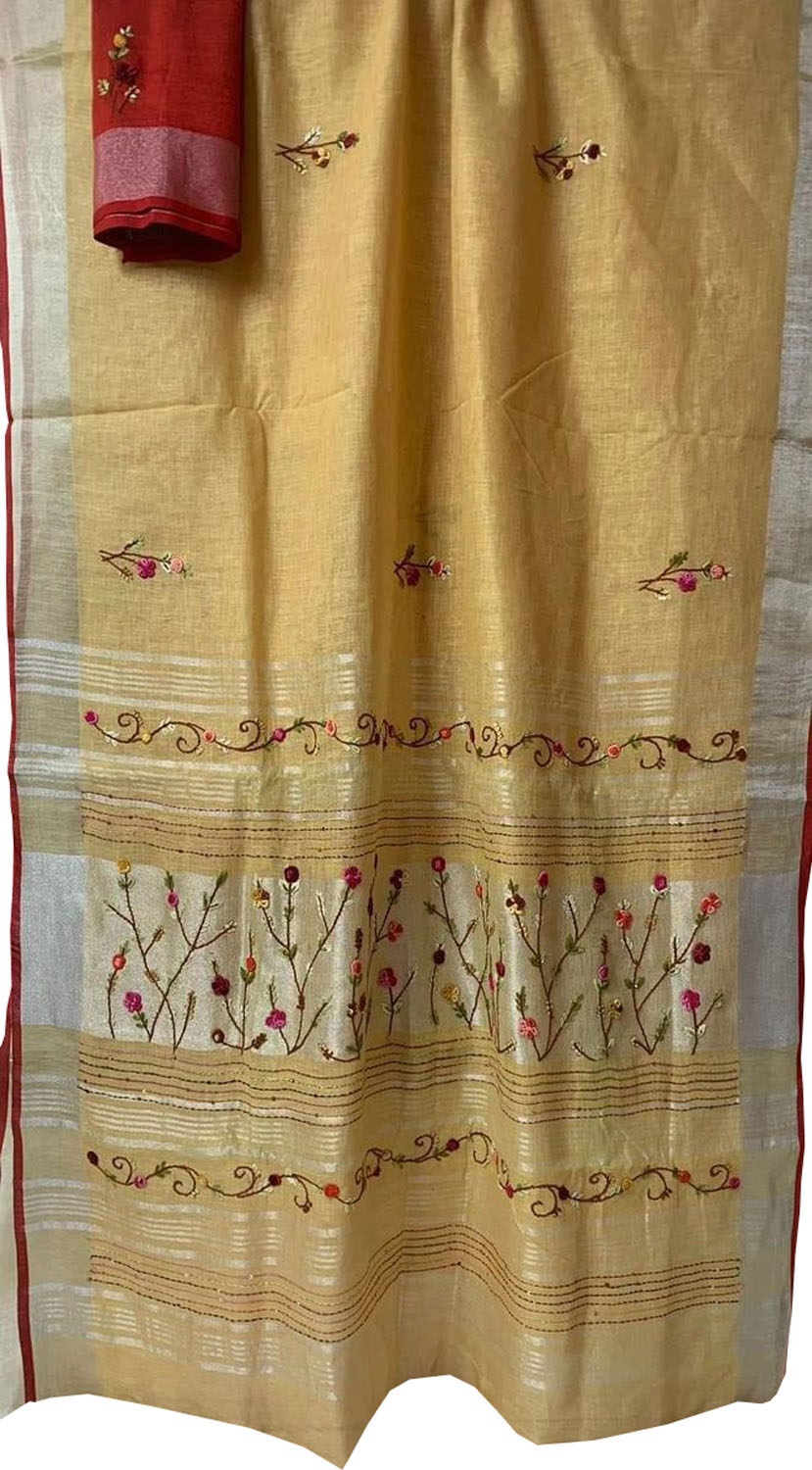 Yellow And Red Pure Linen French Knot Embroidered Saree - Luxurion World