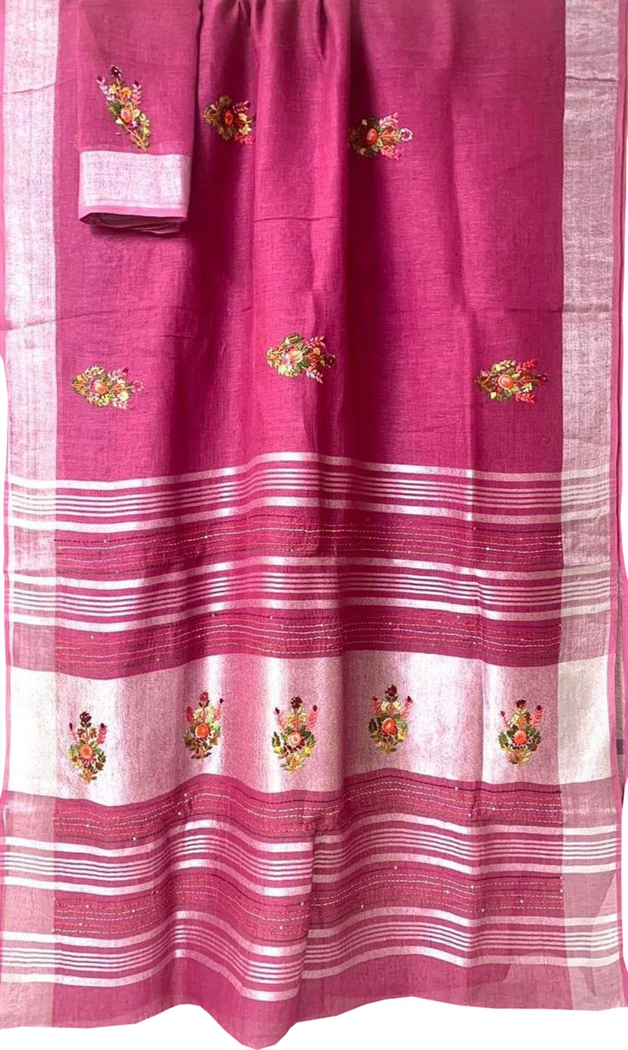 Pink Pure Linen French Knot Embroidered Saree - Luxurion World