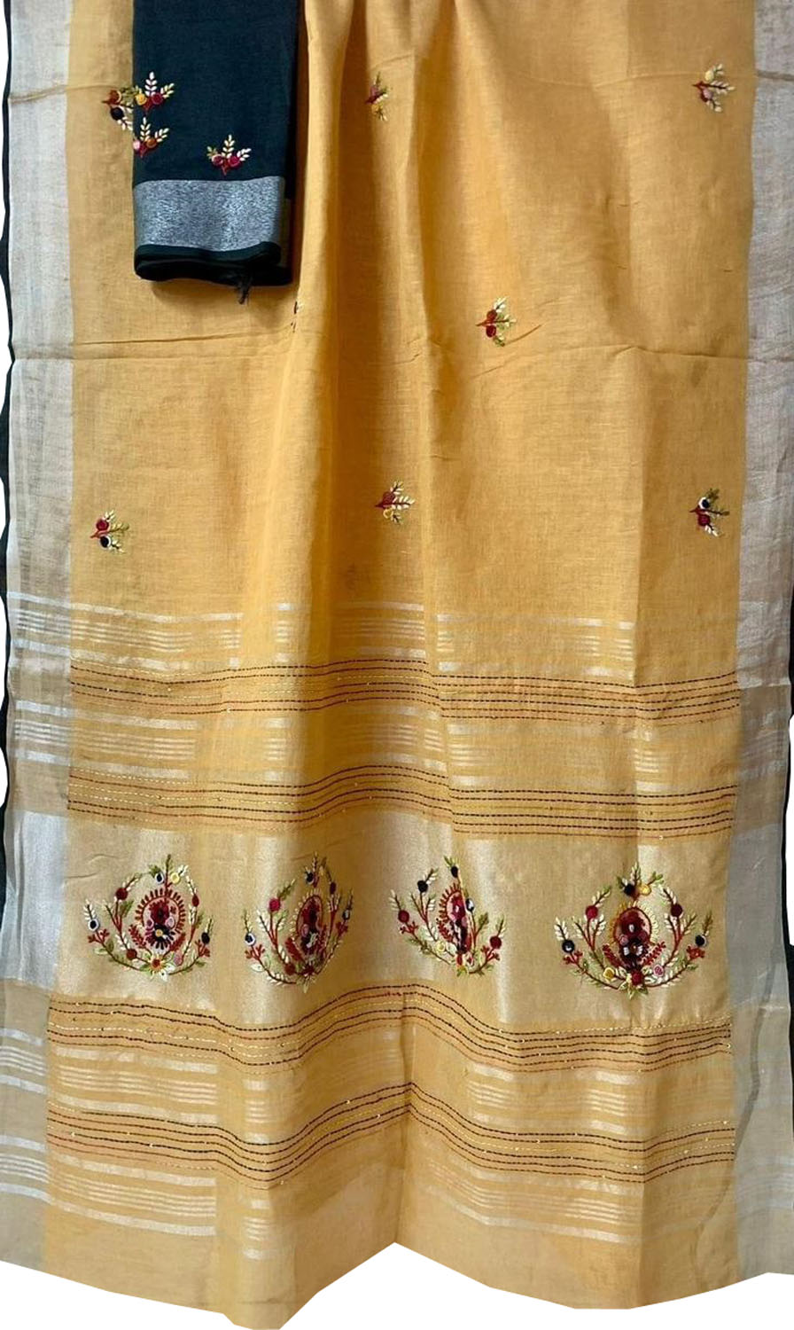 Yellow And Black Pure Linen French Knot Embroidered Saree - Luxurion World