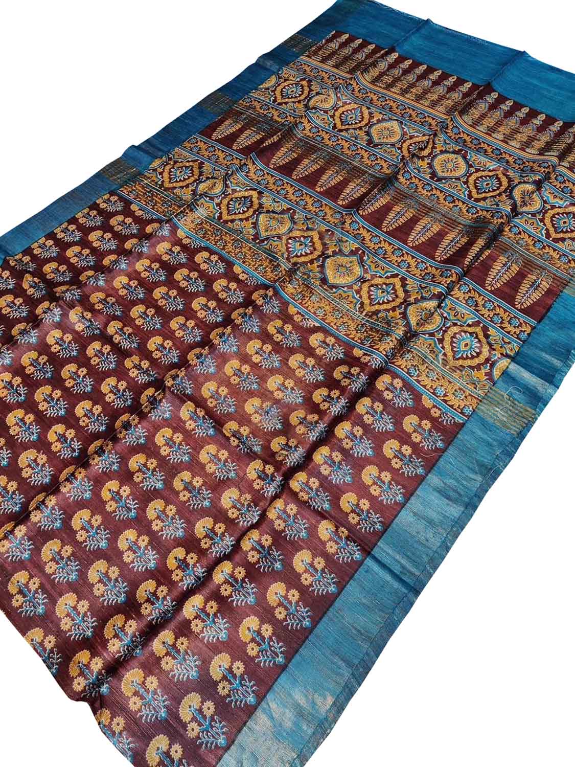 Maroon Block Printed Tussar Ghicha Saree - Luxurion World