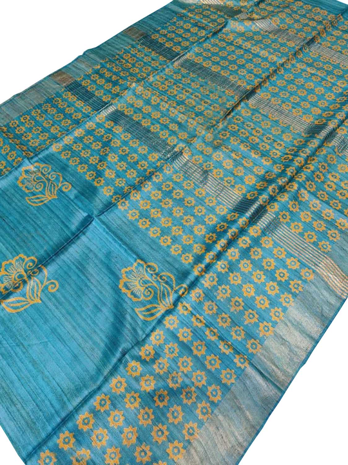 Blue Block Printed Tussar Ghicha Saree - Luxurion World