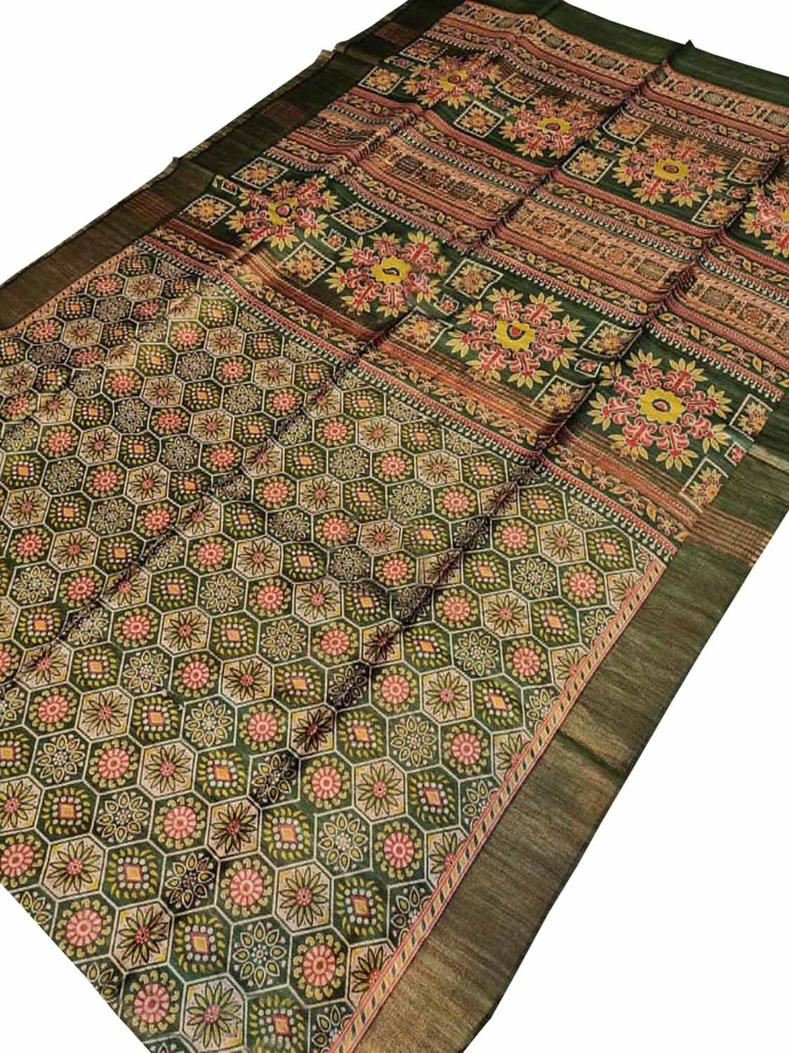 Green Block Printed Tussar Ghicha Saree - Luxurion World