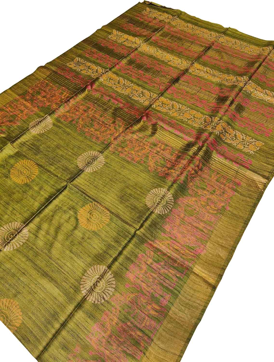 Green Block Printed Tussar Ghicha Saree - Luxurion World