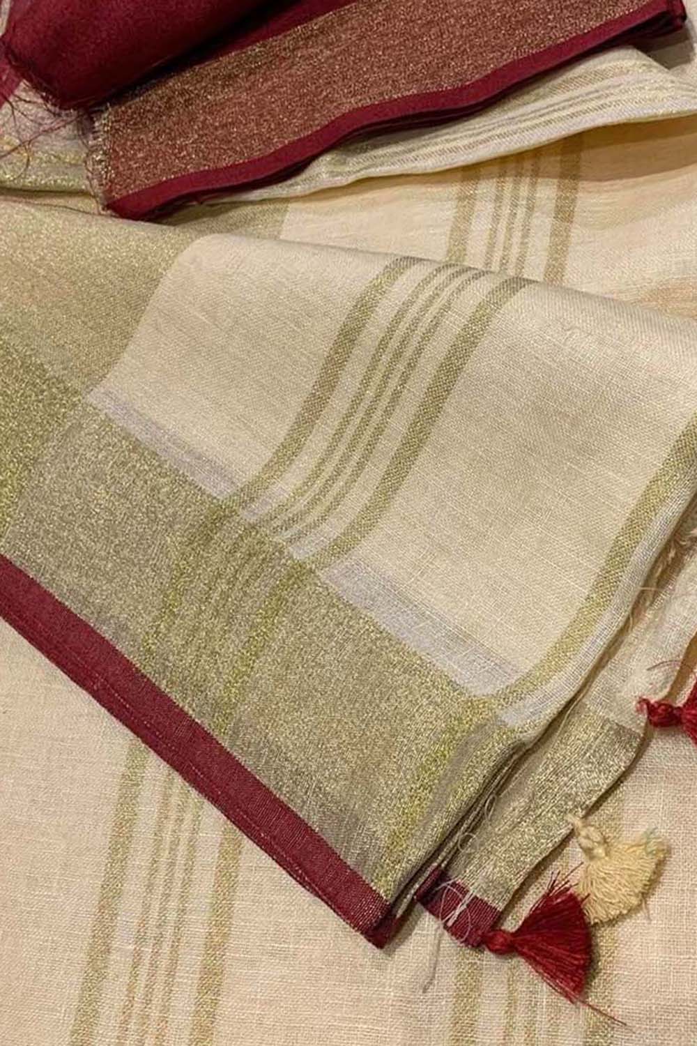 Pastel And Maroon Bhagalpur Pure Linen Saree - Luxurion World