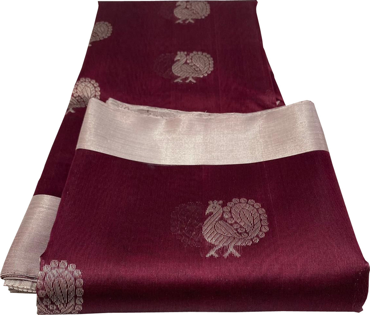 Maroon Chanderi Handloom Pure Katan Silk Saree - Luxurion World