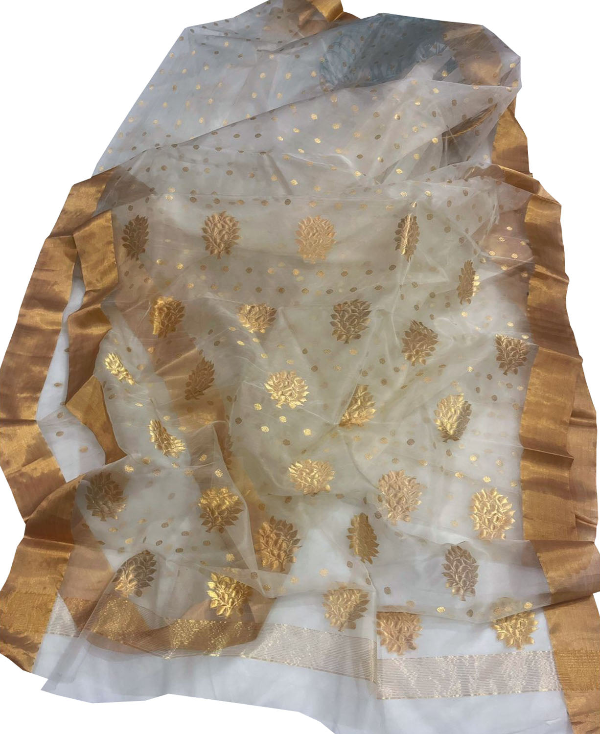 Off White Chanderi Handloom Pure Katan Organza Silk Saree - Luxurion World