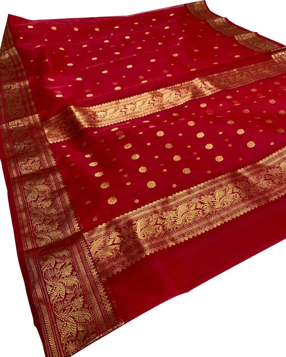 Red Chanderi Handloom Pure Katan Silk Small Booti Design Saree - Luxurion World
