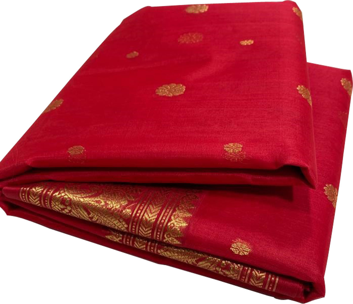 Red Chanderi Handloom Pure Katan Silk Small Booti Design Saree - Luxurion World
