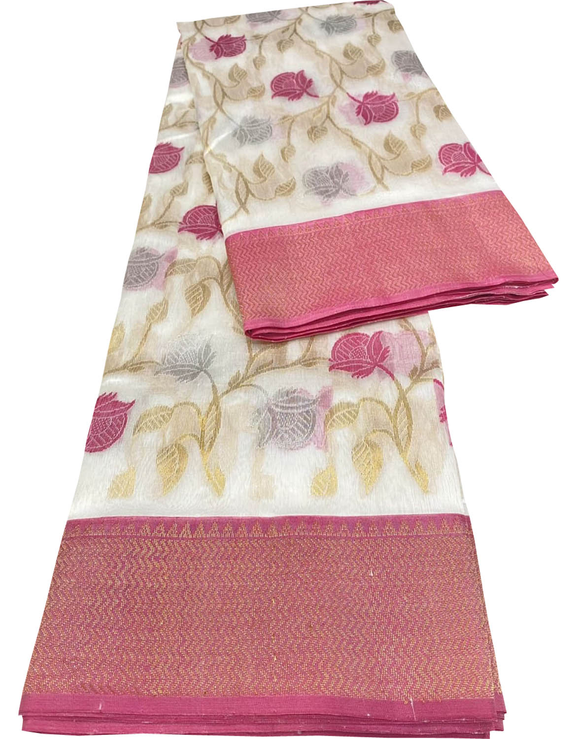 Off White Chanderi Handloom Pure Silk Flower Design Saree - Luxurion World