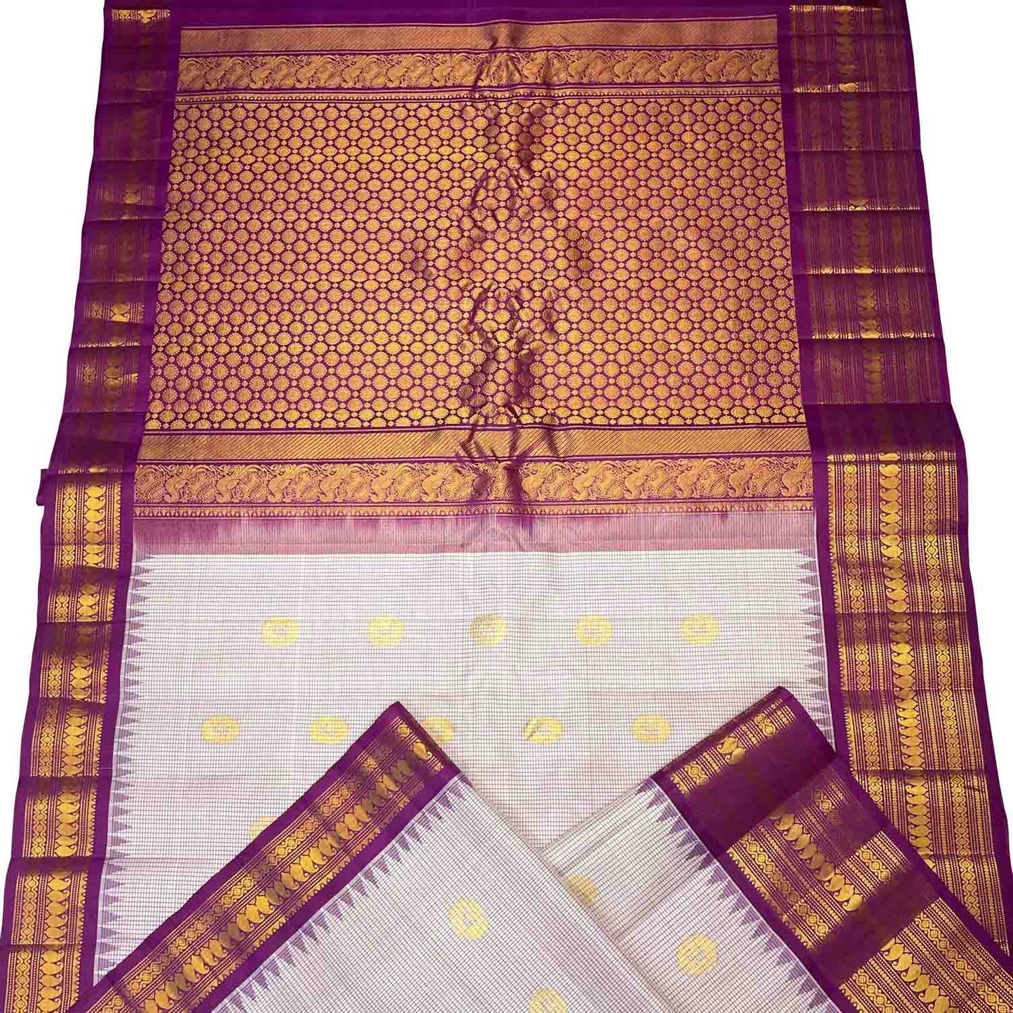 Off White Gadwal Handloom Pure Silk Saree - Luxurion World