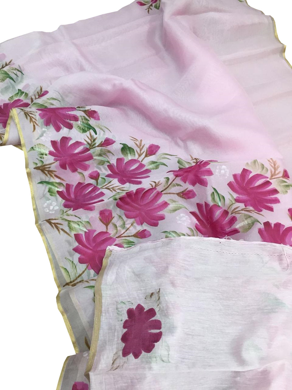 Stunning Pink Organza Saree with Hand Painted Design and Zari Border - Luxurion World